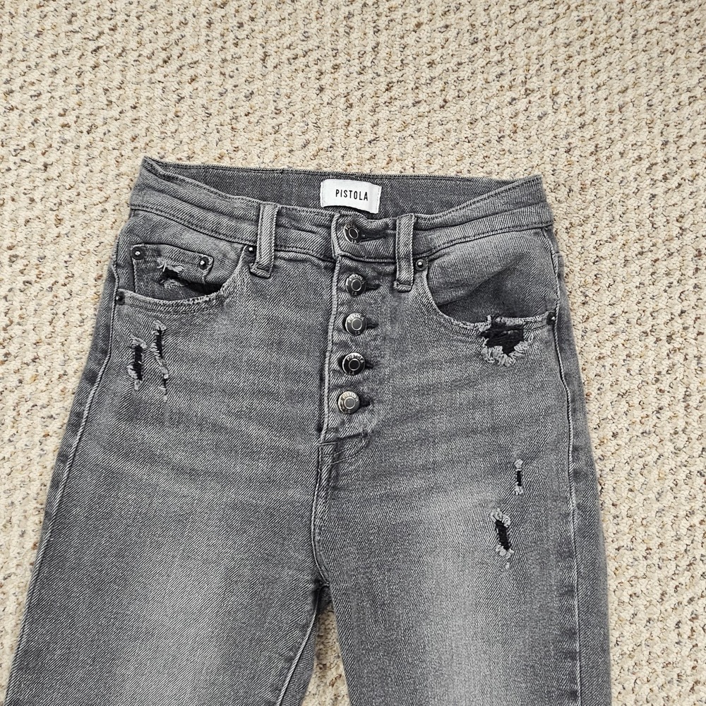 Pistola Denim Jeans Womens 25 Black/Gray Distressed Ripped Button Fly Frayed Hem - Picture 3 of 7
